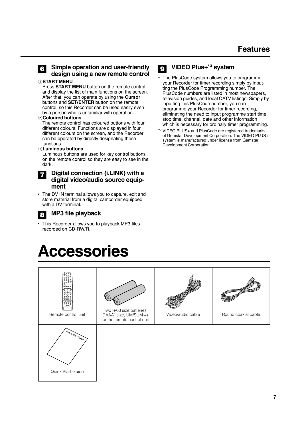 Sharp DV-HR300H, DV-HR350H operation manual Accessories, Features, MP3 file playback, Video Plus+*3 system, 1START Menu 