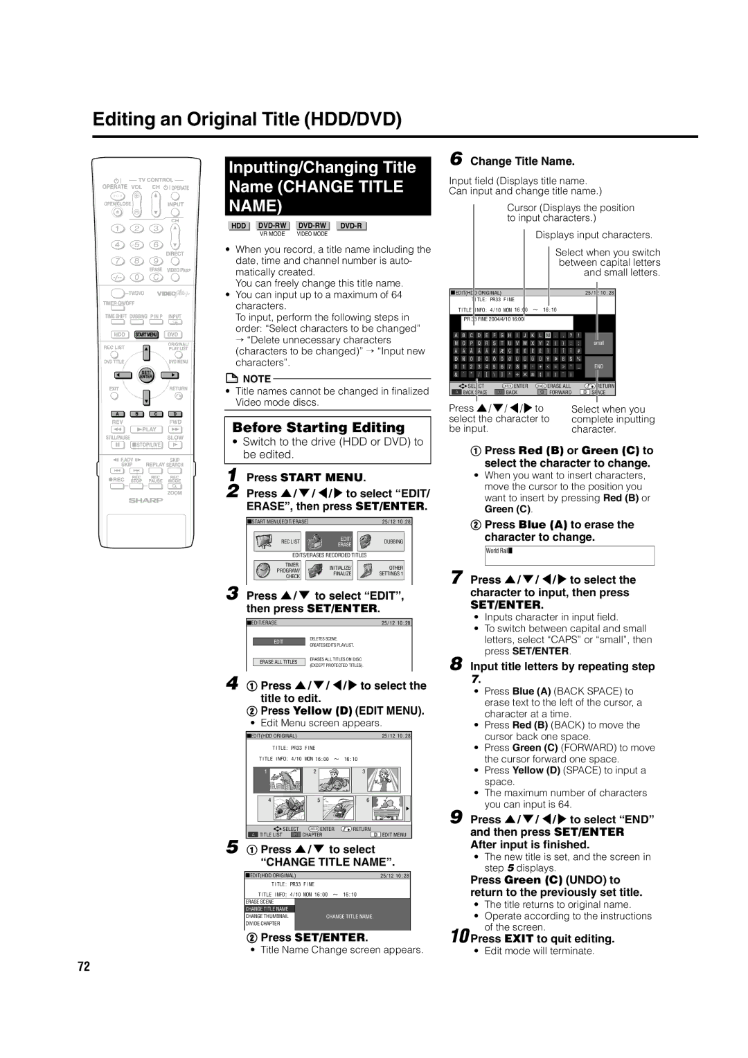 Sharp DV-HR350H, DV-HR300H operation manual Inputting/Changing Title Name Change Title, Change Title Name 