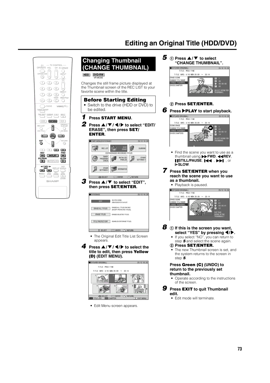 Sharp DV-HR300H, DV-HR350H Changing Thumbnail, Change Thumbnail, If this is the screen you want, select YES by pressing 