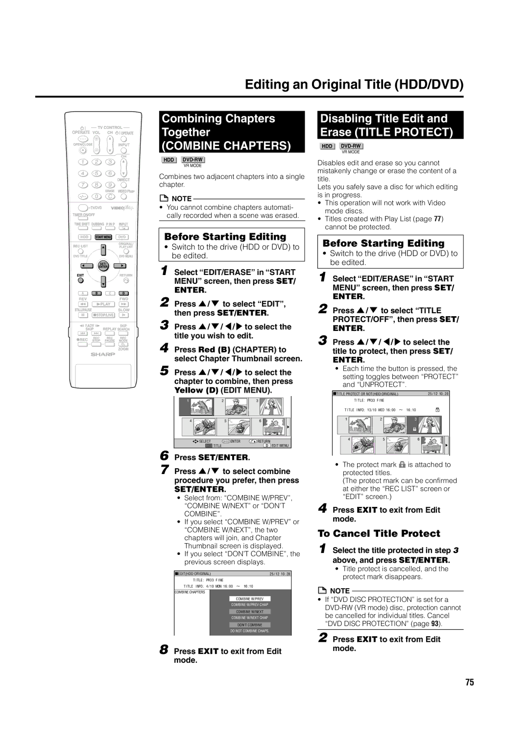 Sharp DV-HR300H, DV-HR350H Combining Chapters Together, Combine Chapters, Disabling Title Edit Erase Title Protect 