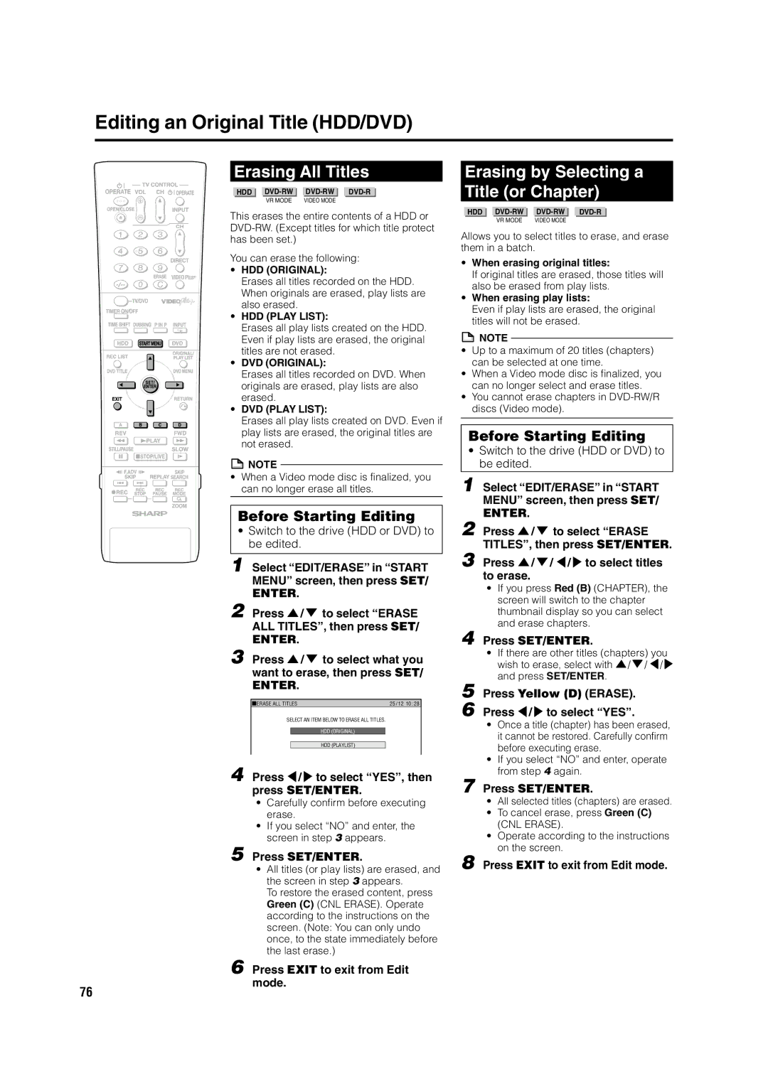 Sharp DV-HR350H, DV-HR300H operation manual Erasing All Titles, Erasing by Selecting a Title or Chapter 