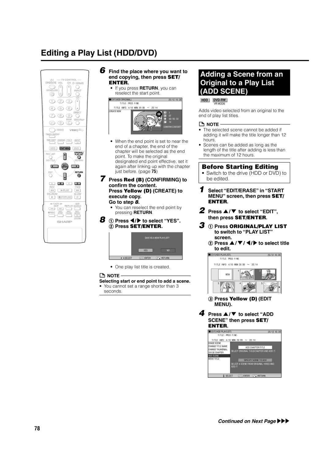 Sharp DV-HR350H, DV-HR300H Editing a Play List HDD/DVD, Adding a Scene from an, Original to a Play List, ADD Scene 