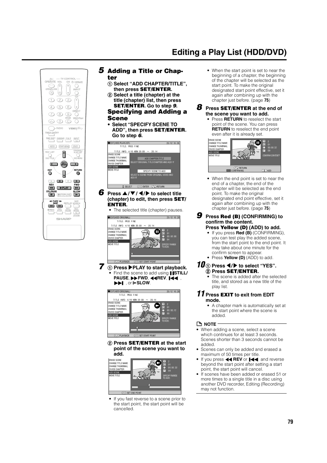 Sharp DV-HR300H Adding a Title or Chap- ter, Specifying and Adding a, Scene, 10 1 Press \/ to select YES Press SET/ENTER 