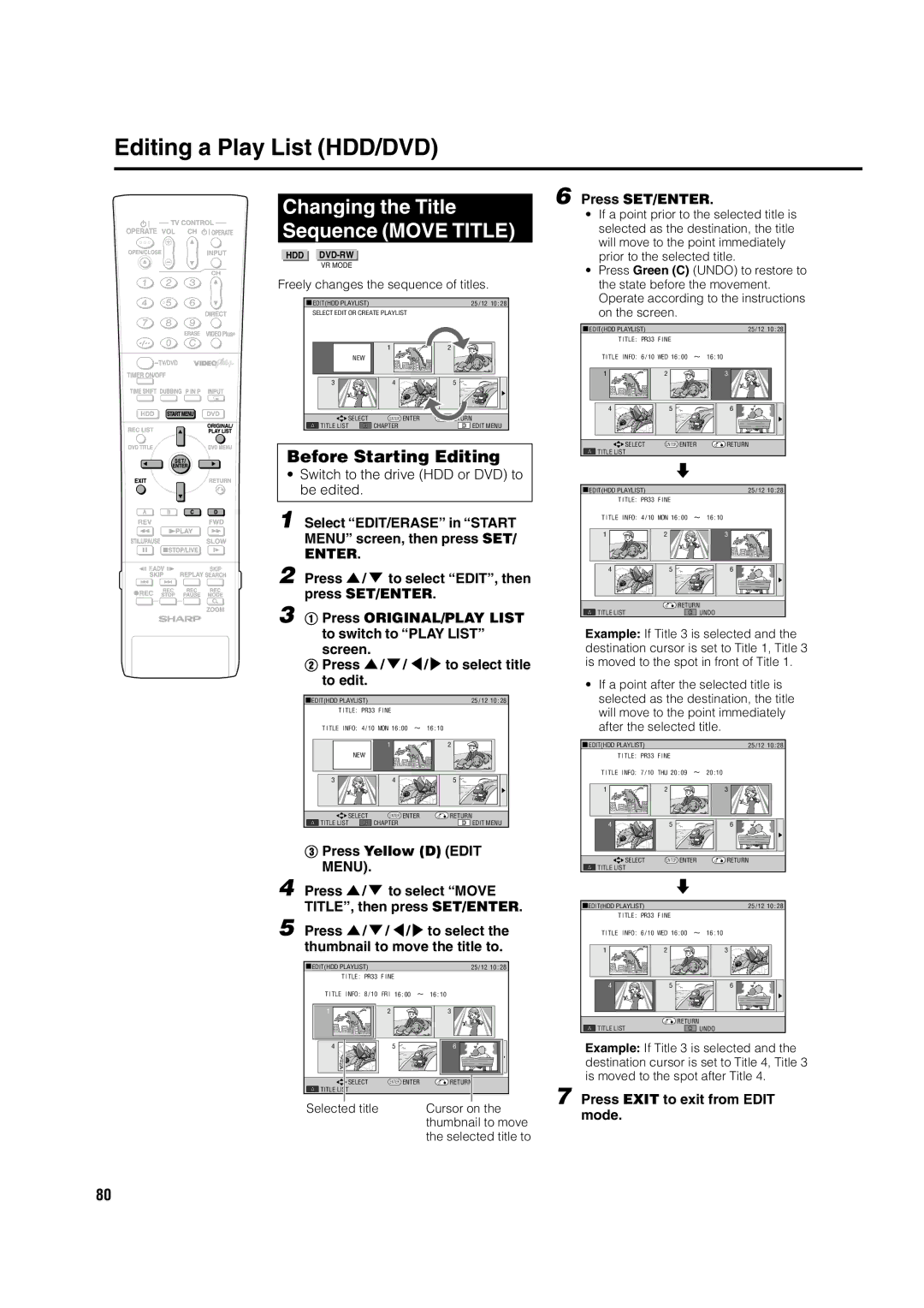 Sharp DV-HR350H, DV-HR300H operation manual Changing the Title Sequence Move Title, Freely changes the sequence of titles 