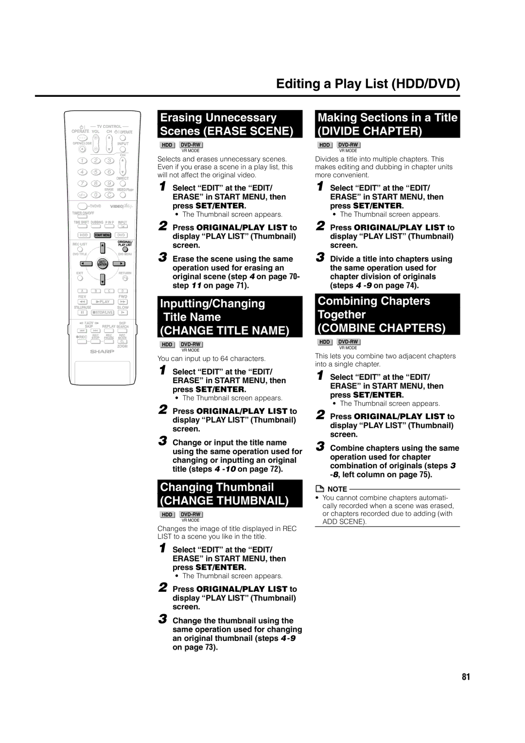 Sharp DV-HR300H, DV-HR350H Erasing Unnecessary Scenes Erase Scene, Inputting/Changing Title Name, Change Title Name 