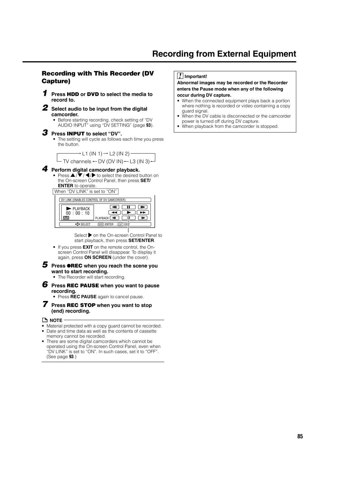 Sharp DV-HR300H, DV-HR350H operation manual Recording from External Equipment, Recording with This Recorder DV Capture 