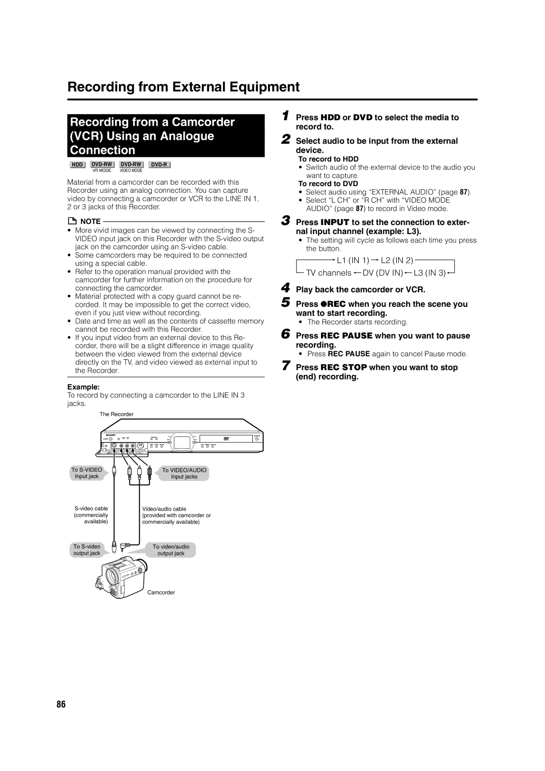 Sharp DV-HR350H Recording from a Camcorder VCR Using an Analogue Connection, Example, To record to HDD, To record to DVD 