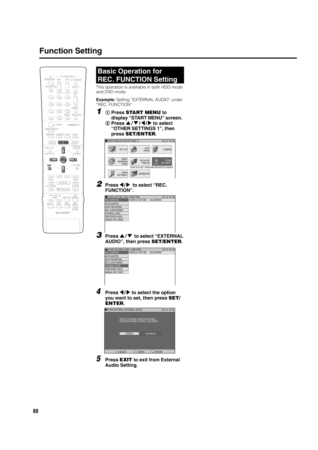 Sharp DV-HR350H, DV-HR300H operation manual Basic Operation for REC. Function Setting 