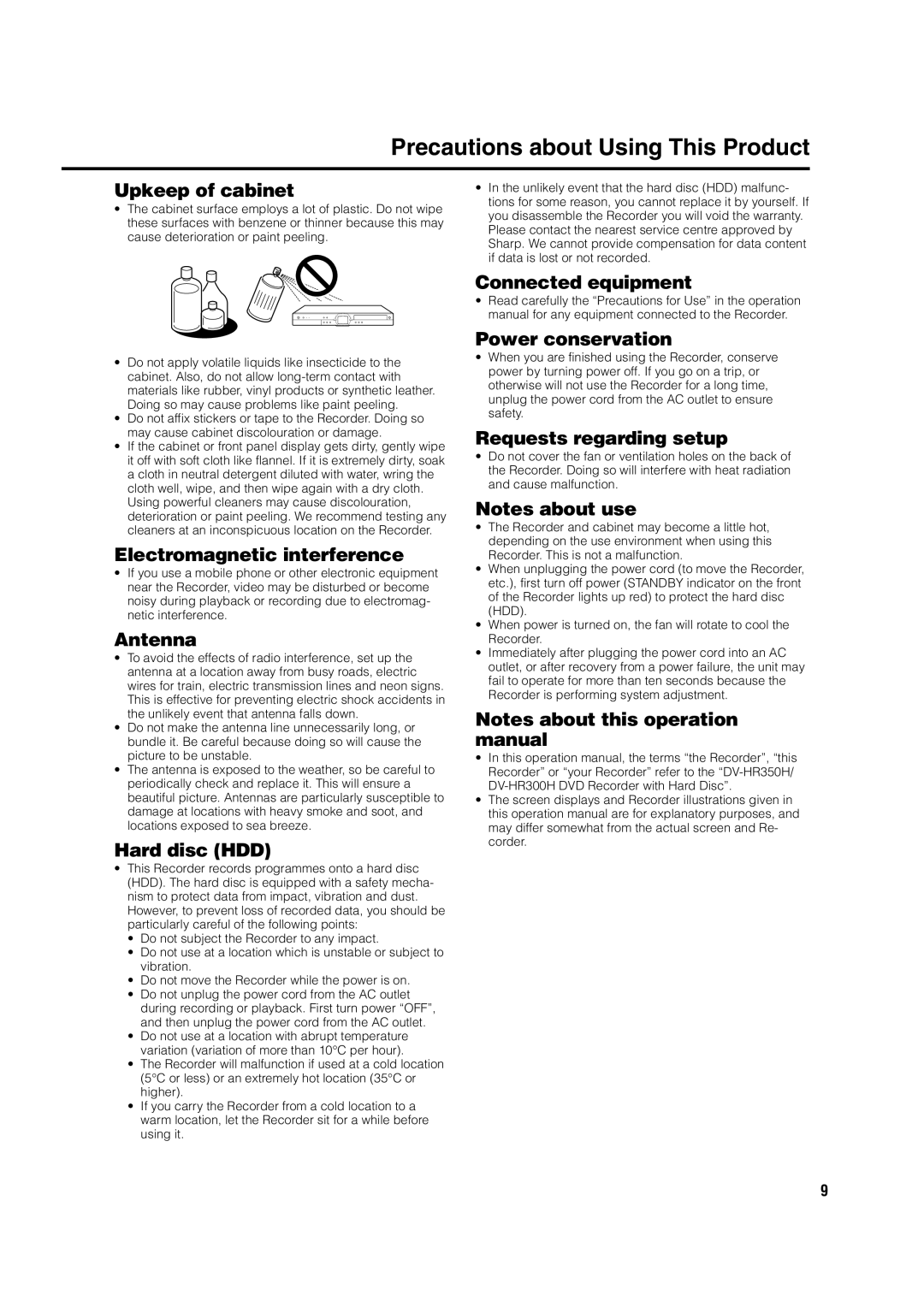 Sharp DV-HR300H, DV-HR350H operation manual Precautions about Using This Product 