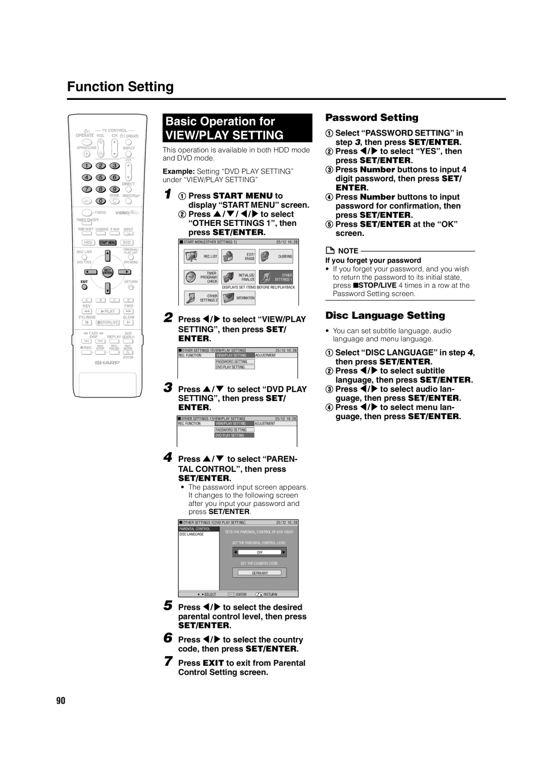 Sharp DV-HR350H, DV-HR300H operation manual Basic Operation for, VIEW/PLAY Setting, Password Setting, Disc Language Setting 