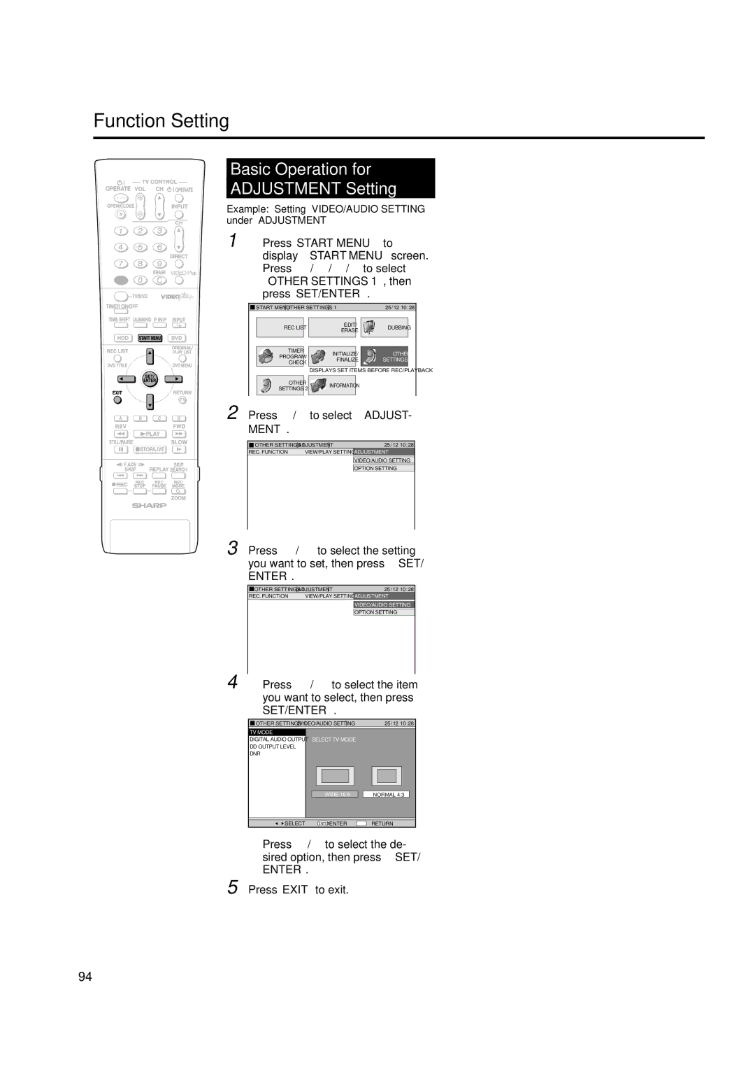 Sharp DV-HR350H, DV-HR300H operation manual Adjustment Setting, Press \/ to select Adjust, Ment, Press Exit to exit 