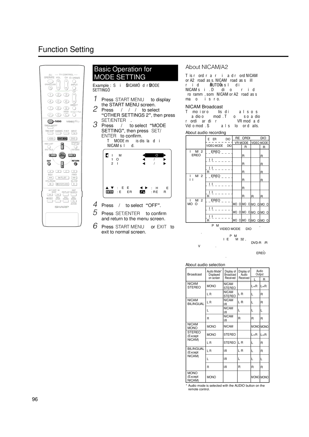 Sharp DV-HR350H, DV-HR300H operation manual Mode Setting, About NICAM/A2 