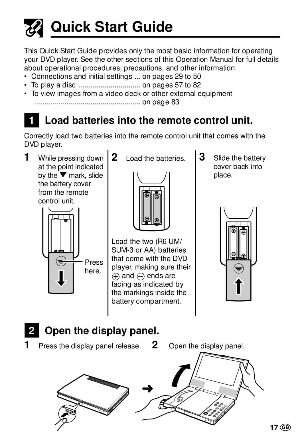 Sharp DV-L70BL, DV-L70S Quick Start Guide, Load batteries into the remote control unit, Open the display panel, 17 GB 