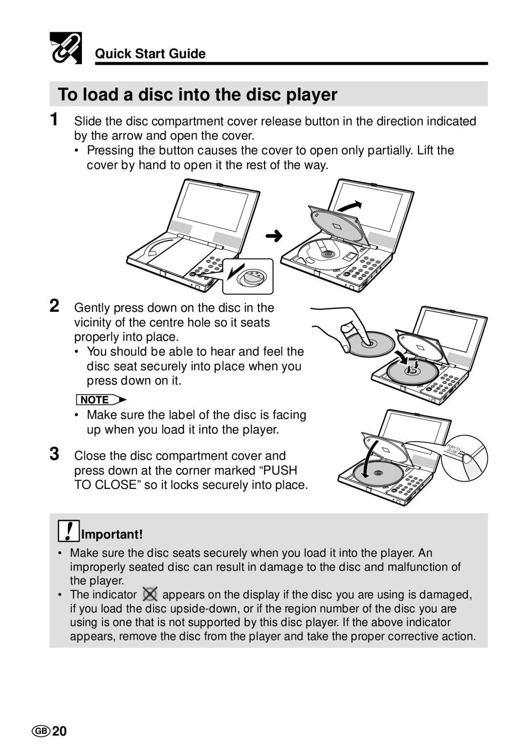 Sharp DV-L70S, DV-L70BL operation manual To load a disc into the disc player 