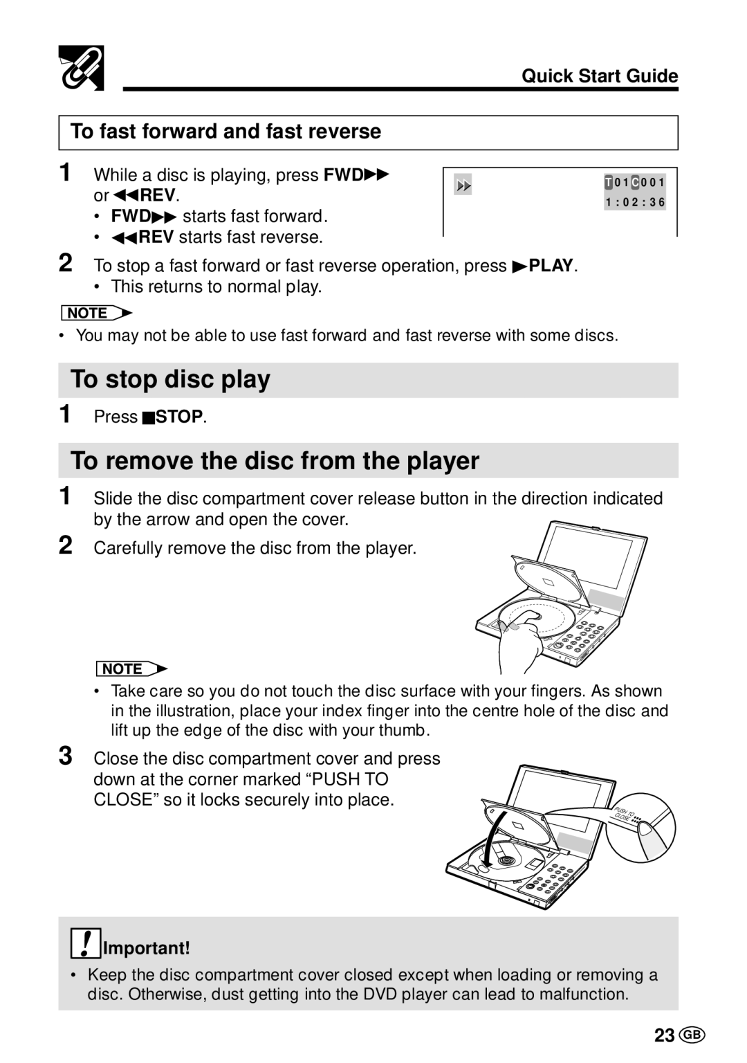 Sharp DV-L70BL, DV-L70S To stop disc play, To remove the disc from the player, To fast forward and fast reverse, 23 GB 