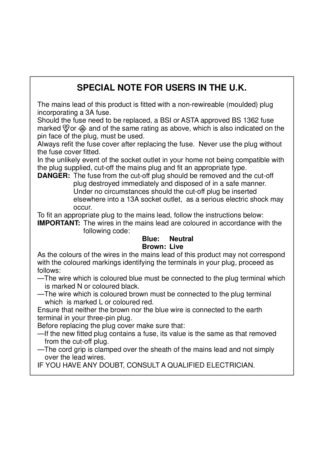 Sharp DV-L70S, DV-L70BL operation manual Special Note for Users in the U.K, Blue Neutral Brown Live 