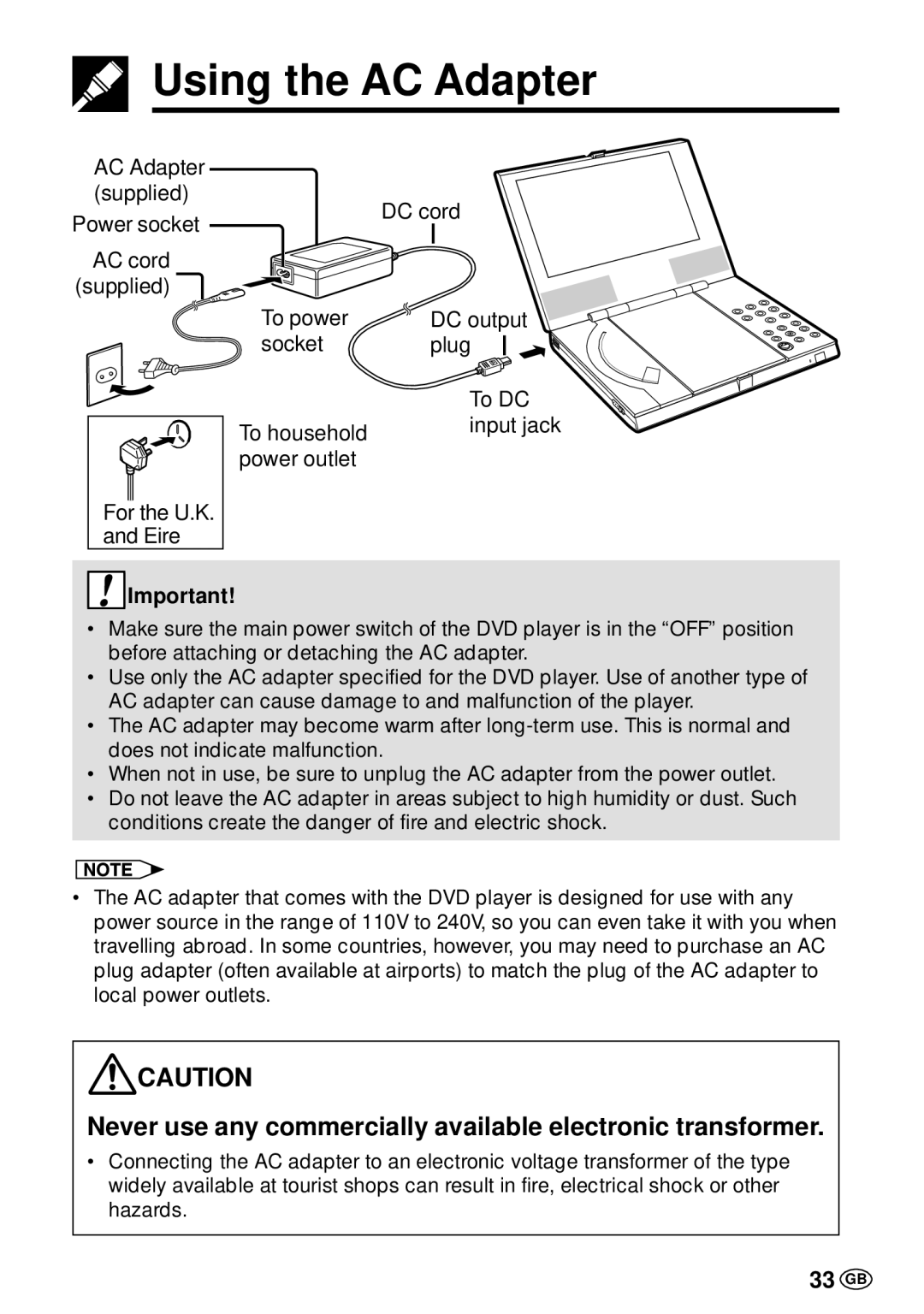 Sharp DV-L70BL, DV-L70S Using the AC Adapter, Never use any commercially available electronic transformer, 33 GB 