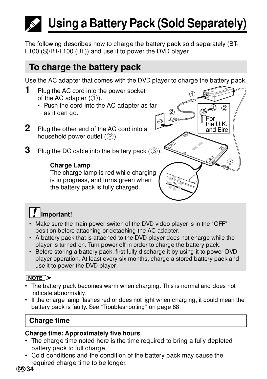 Sharp DV-L70S, DV-L70BL operation manual To charge the battery pack, Charge Lamp, Charge time Approximately five hours 