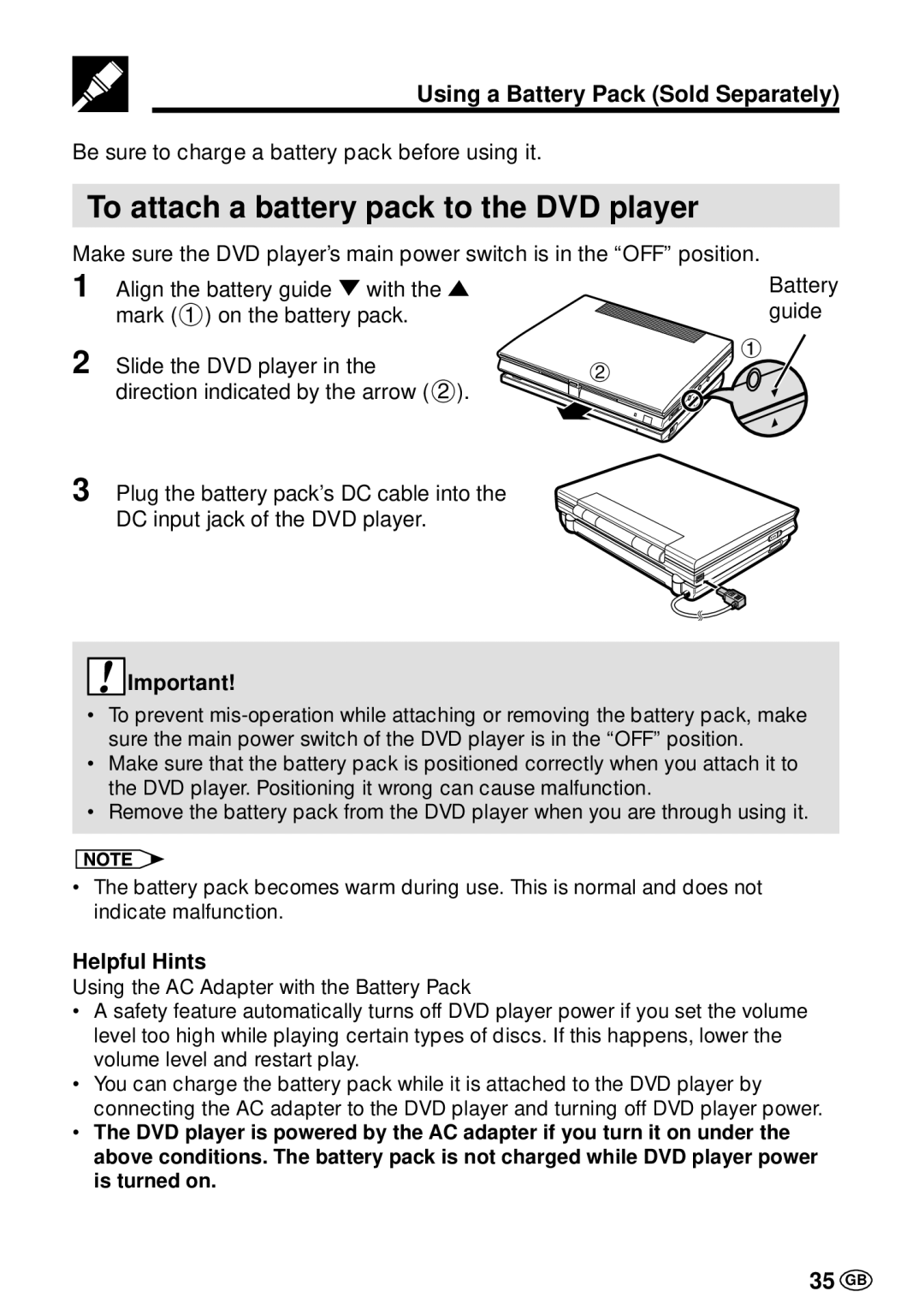 Sharp DV-L70BL, DV-L70S To attach a battery pack to the DVD player, Using a Battery Pack Sold Separately, 35 GB 