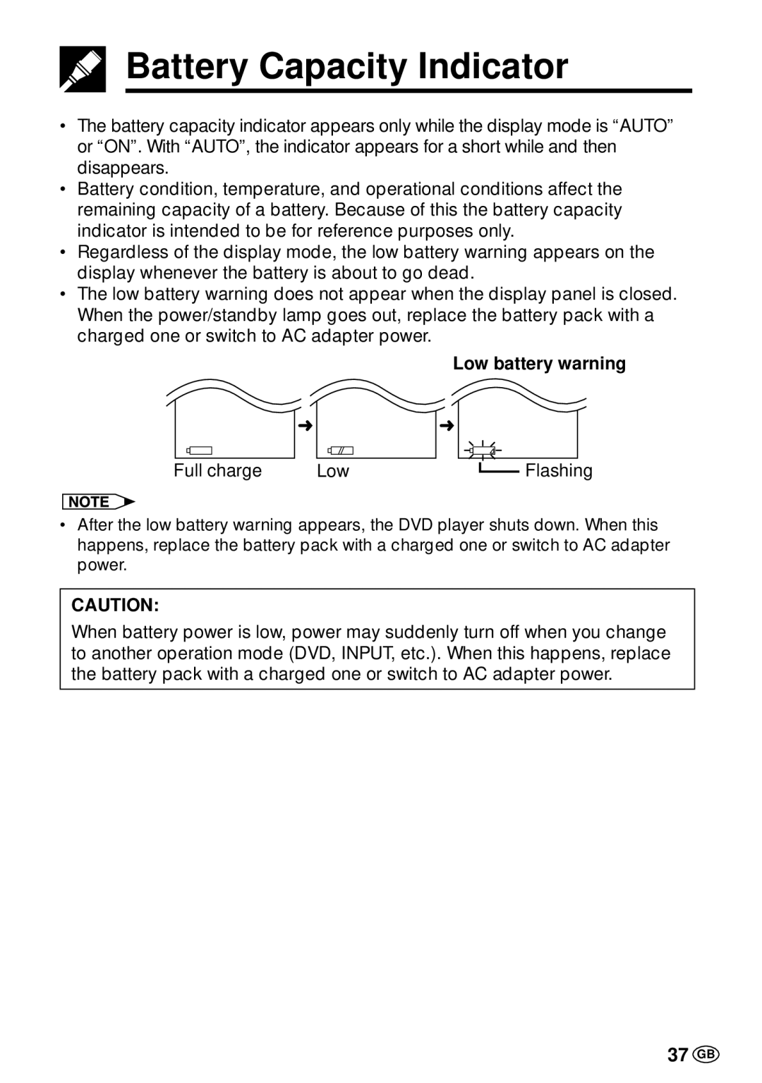 Sharp DV-L70BL, DV-L70S operation manual Battery Capacity Indicator, 37 GB, Low battery warning 