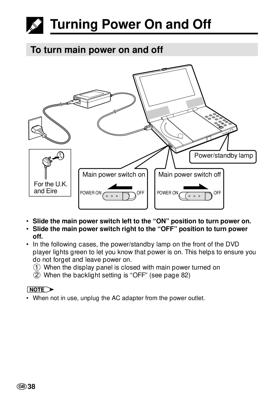 Sharp DV-L70S, DV-L70BL operation manual Turning Power On and Off, To turn main power on and off 