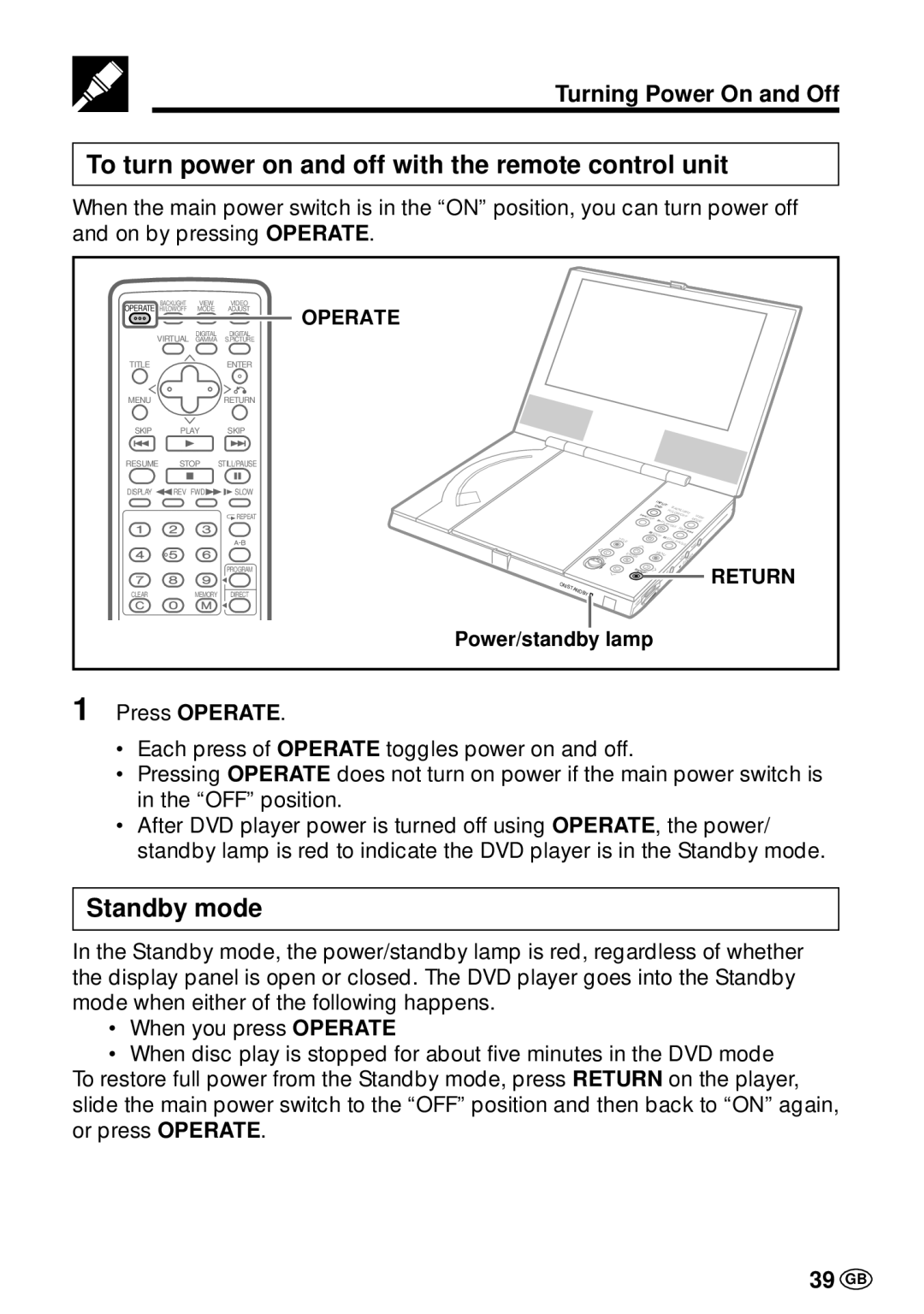 Sharp DV-L70BL To turn power on and off with the remote control unit, Standby mode, Turning Power On and Off, 39 GB 