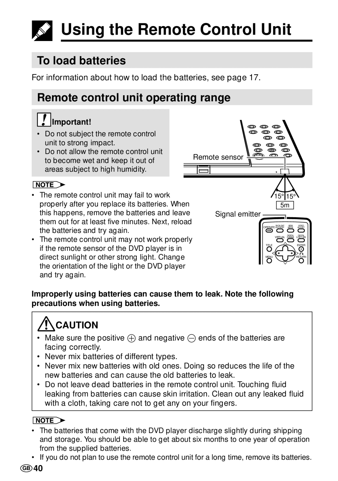 Sharp DV-L70S, DV-L70BL Using the Remote Control Unit, To load batteries, Remote control unit operating range 