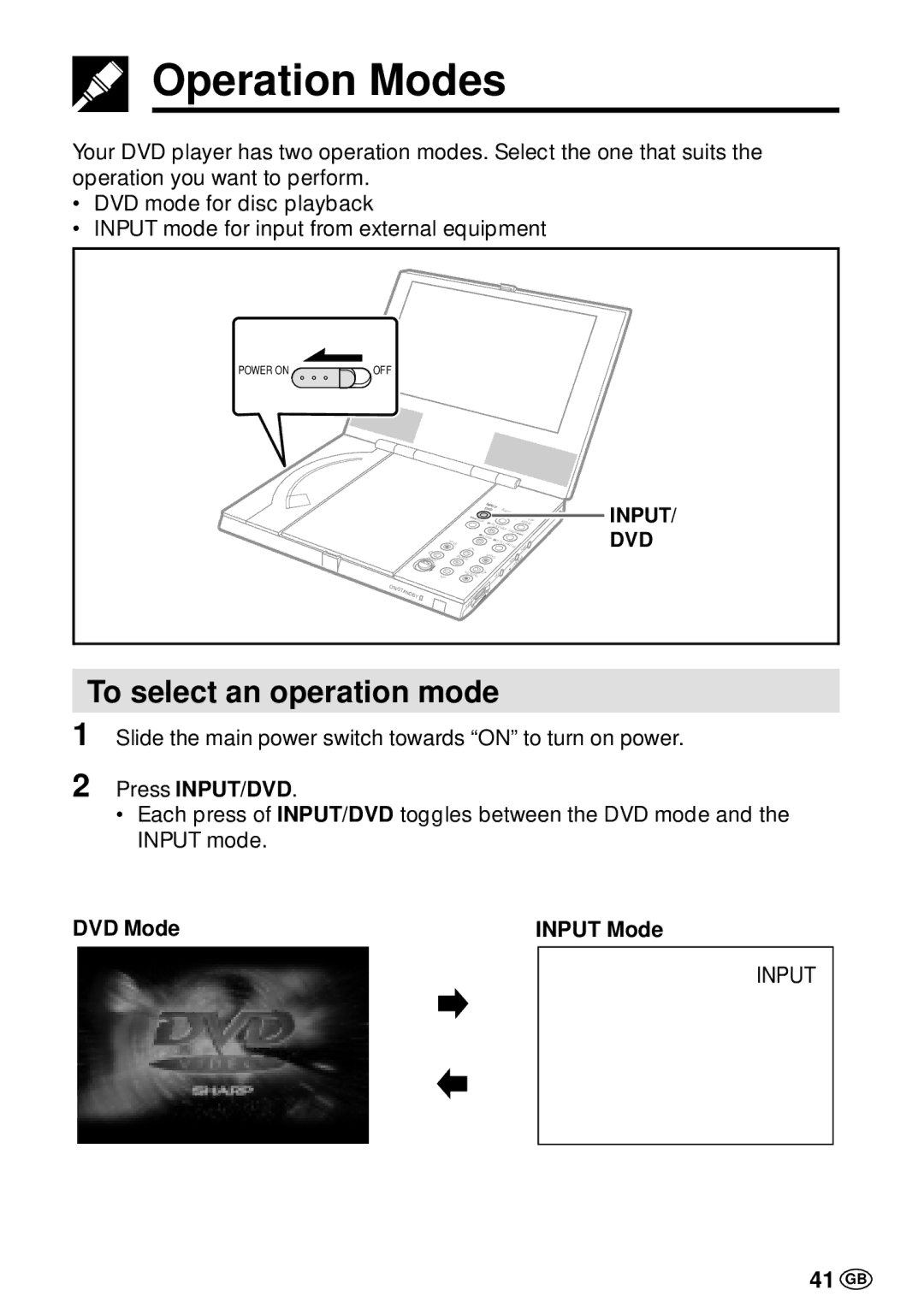 Sharp DV-L70BL, DV-L70S operation manual Operation Modes, To select an operation mode, 41 GB, Input/ Dvd 