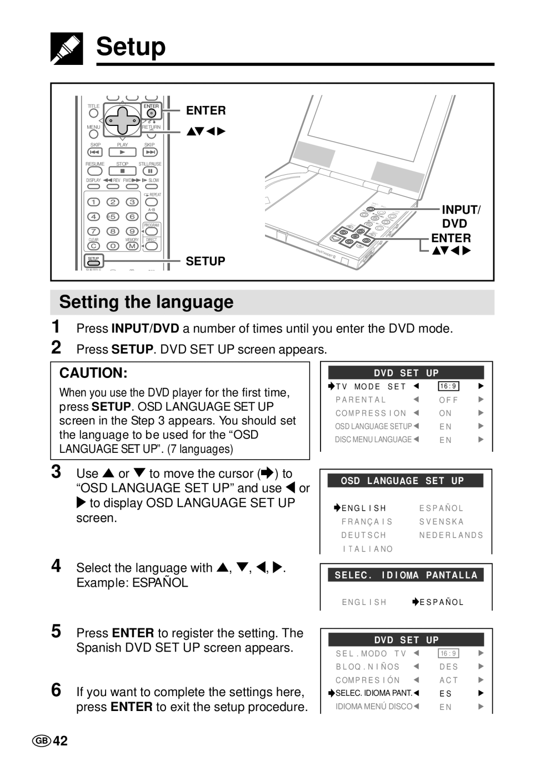 Sharp DV-L70S, DV-L70BL operation manual Setup, Setting the language 