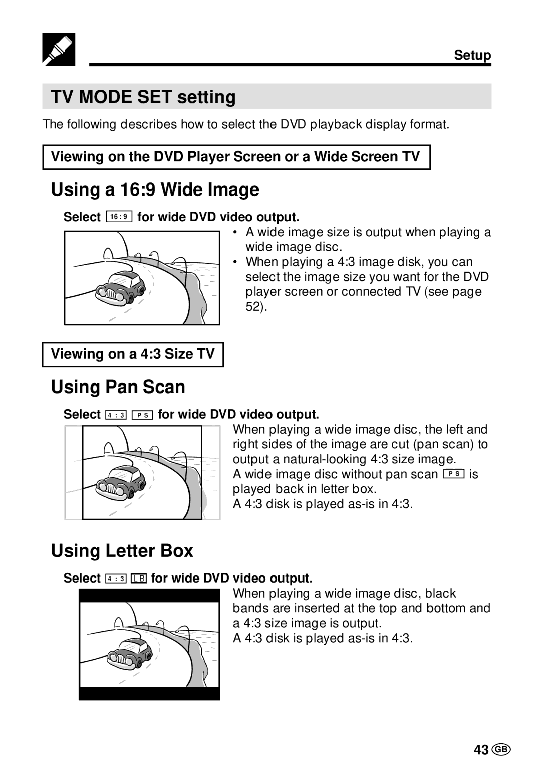 Sharp DV-L70BL, DV-L70S operation manual TV Mode SET setting, Using a 169 Wide Image, Using Pan Scan, Using Letter Box 