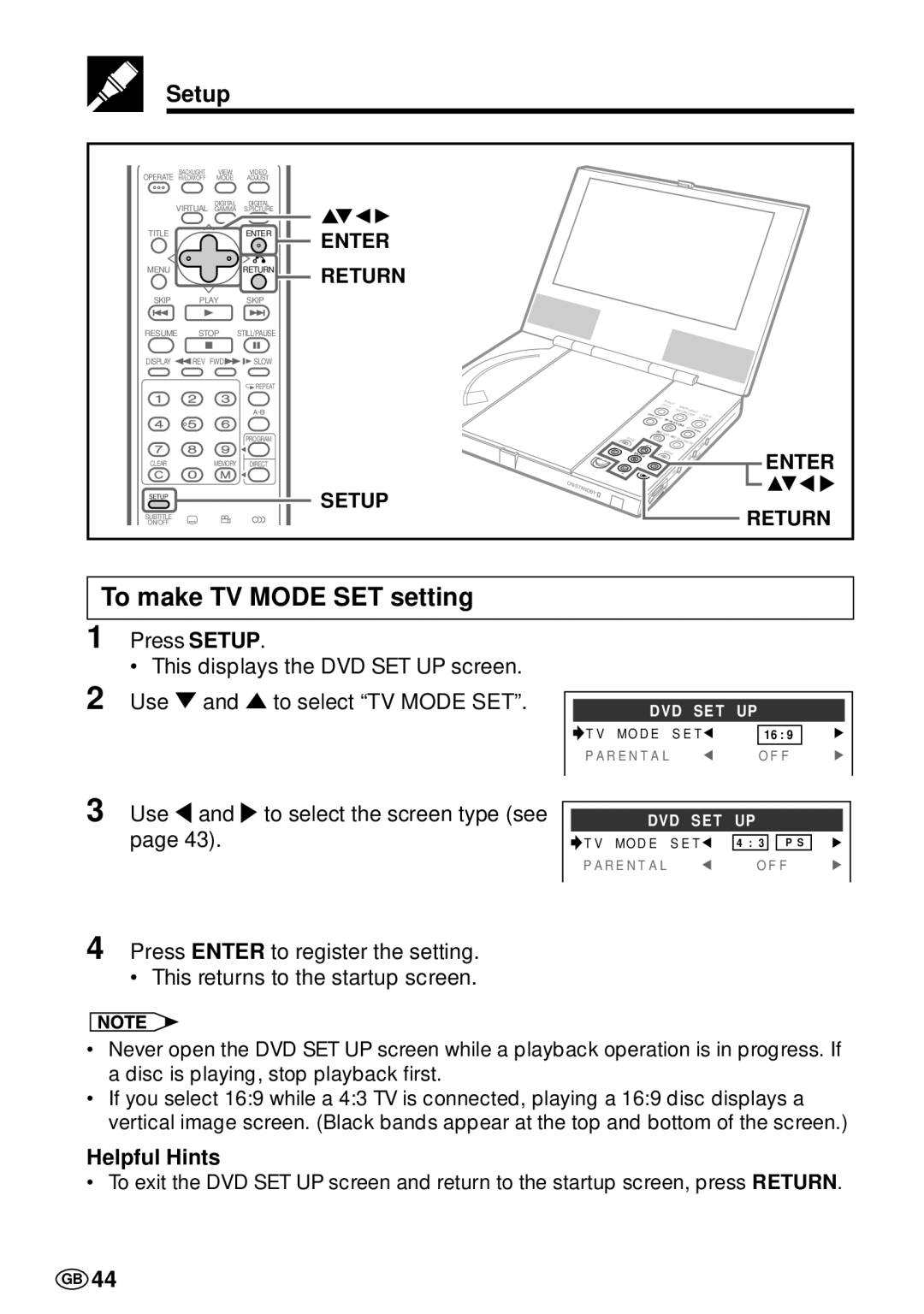 Sharp DV-L70S, DV-L70BL operation manual To make TV Mode SET setting, Setup 