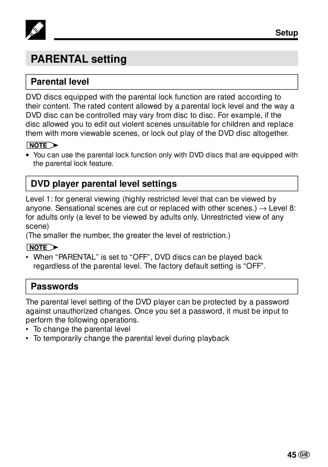 Sharp DV-L70BL, DV-L70S Parental setting, Parental level, DVD player parental level settings, Passwords, 45 GB 