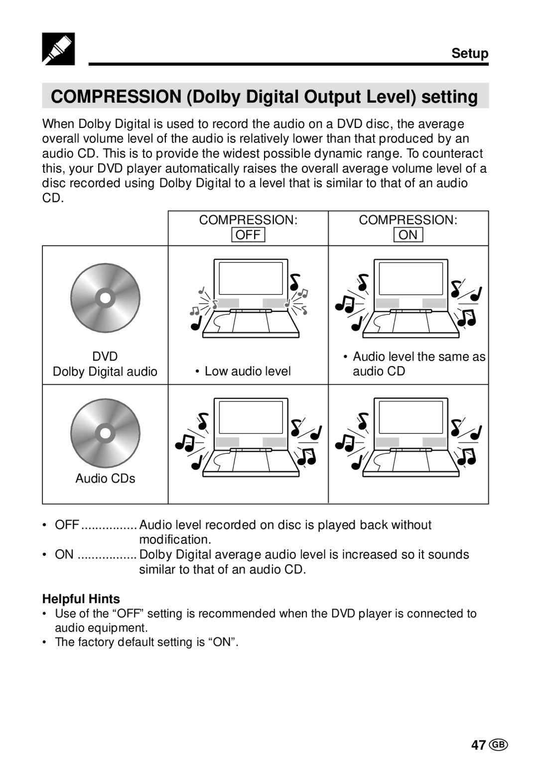 Sharp DV-L70BL, DV-L70S operation manual Compression Dolby Digital Output Level setting, 47 GB 