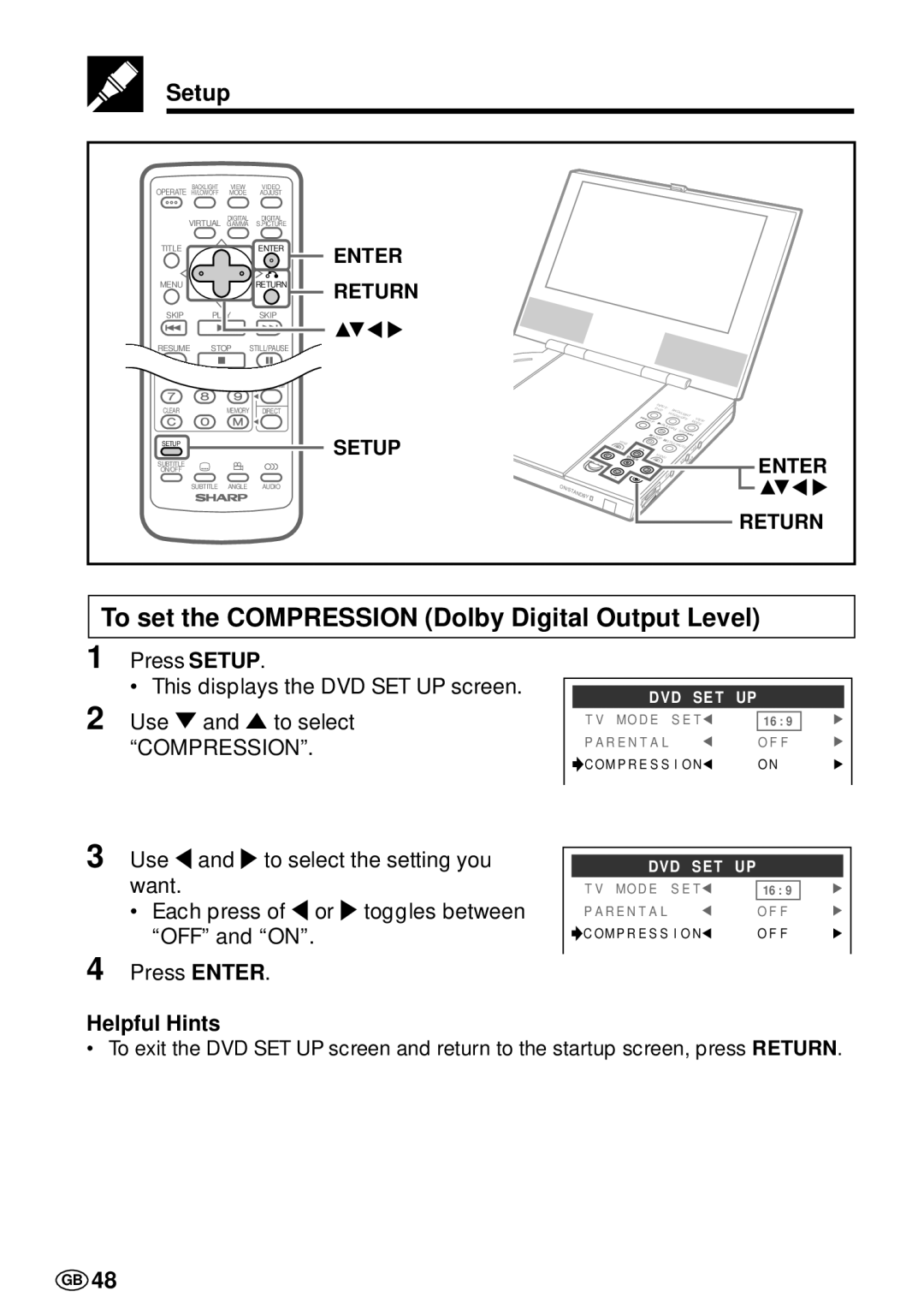 Sharp DV-L70S, DV-L70BL operation manual To set the Compression Dolby Digital Output Level 