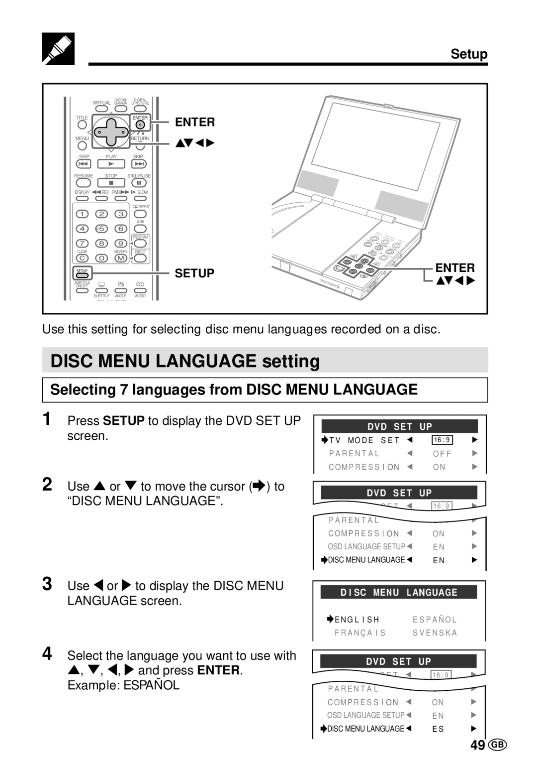 Sharp DV-L70BL, DV-L70S operation manual Disc Menu Language setting, Selecting 7 languages from Disc Menu Language, 49 GB 