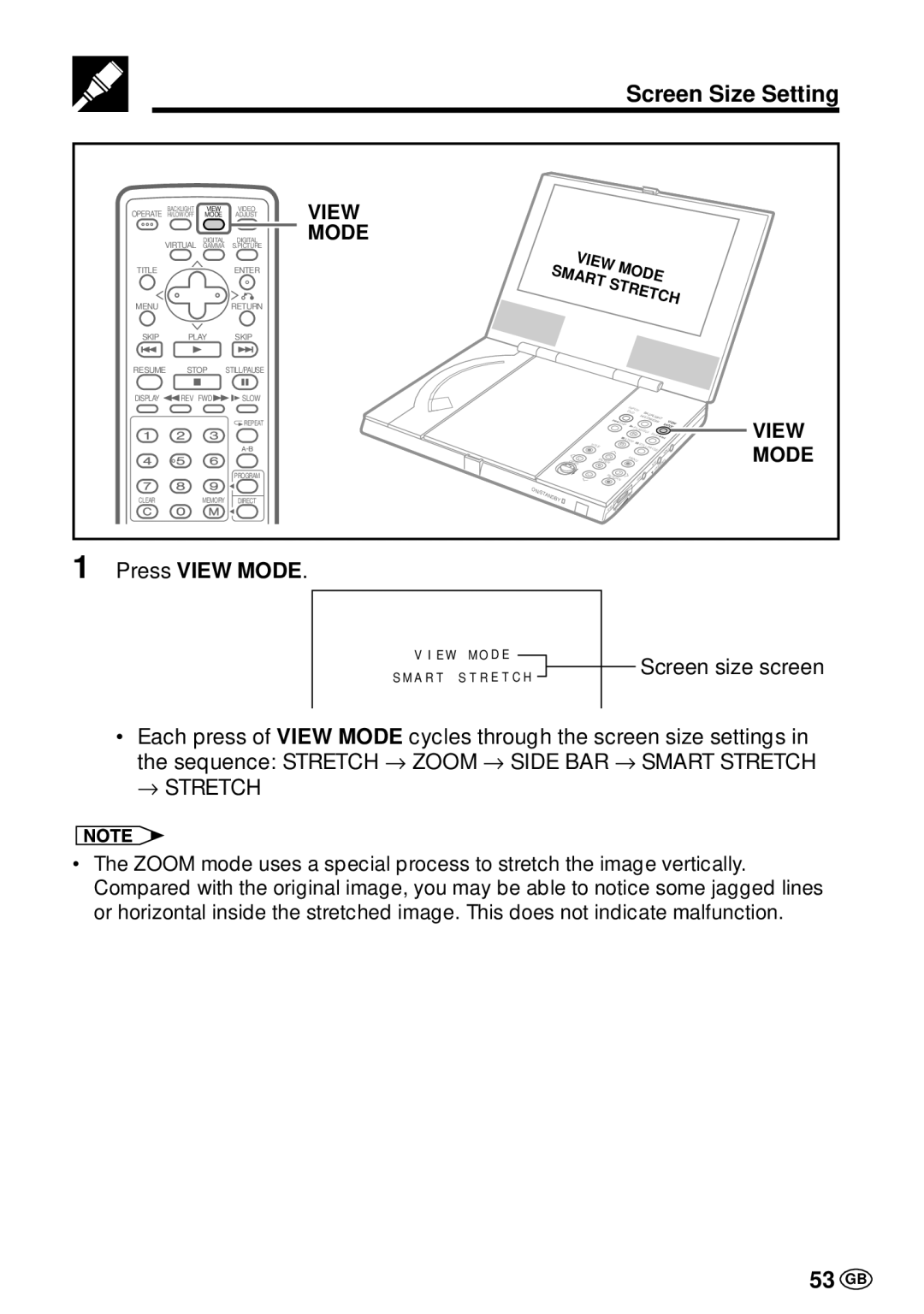 Sharp DV-L70BL, DV-L70S operation manual Screen Size Setting, 53 GB, Press View Mode 