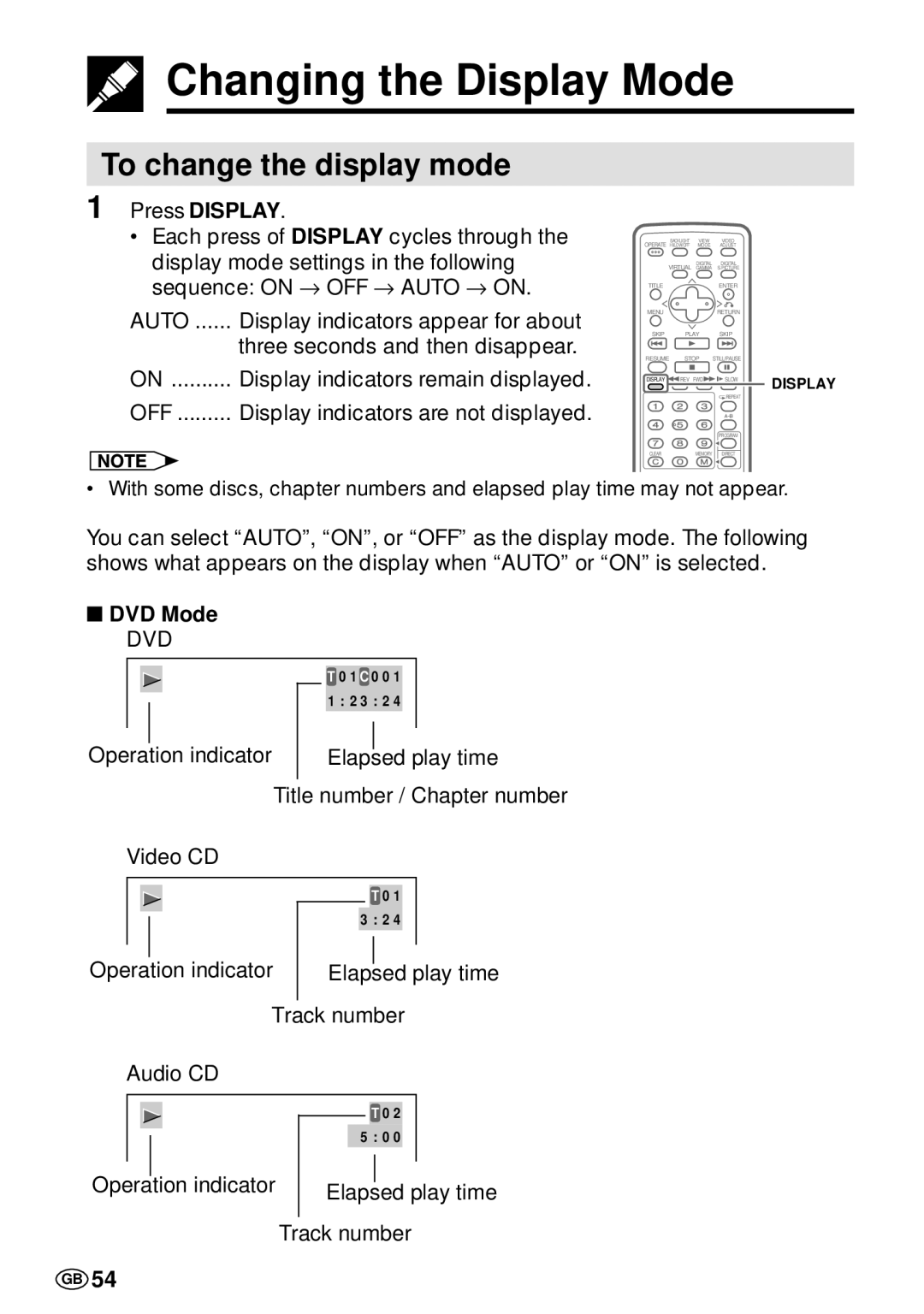 Sharp DV-L70S, DV-L70BL operation manual Changing the Display Mode, To change the display mode, DVD Mode 