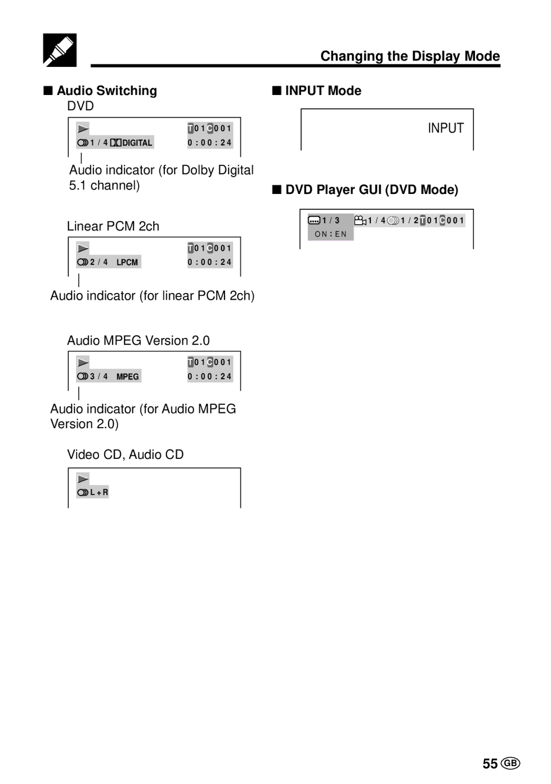 Sharp DV-L70BL, DV-L70S operation manual Changing the Display Mode, 55 GB, Audio Switching, DVD Player GUI DVD Mode 