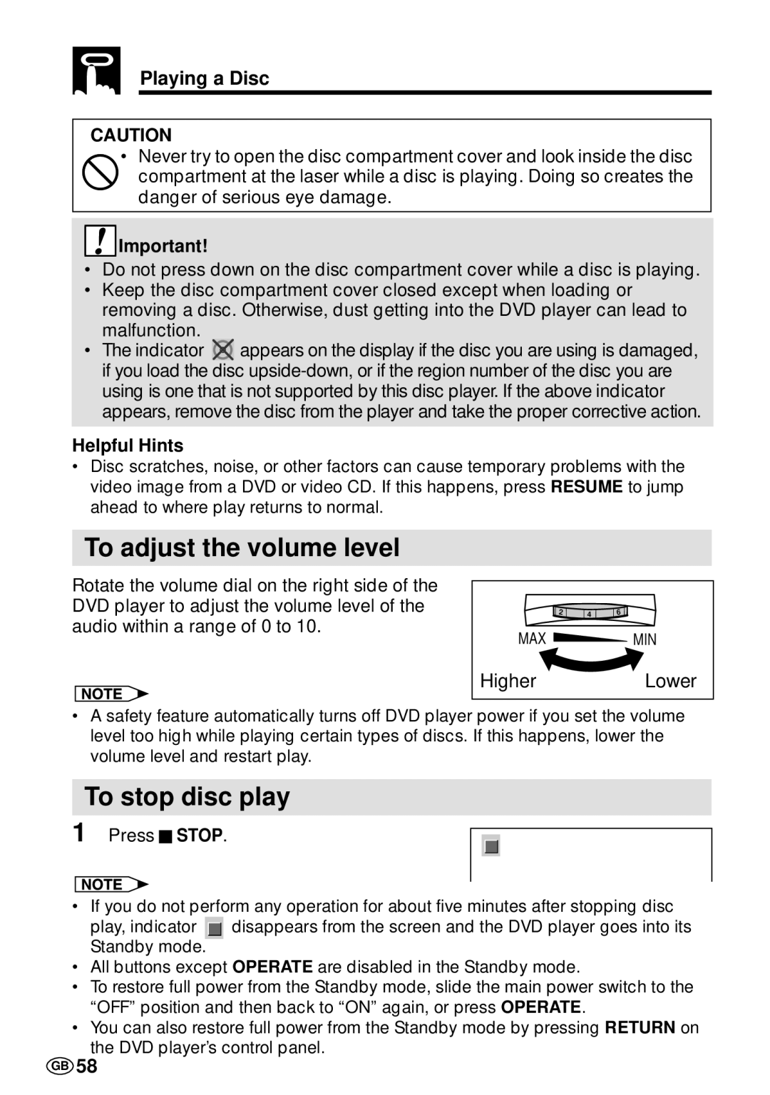 Sharp DV-L70S, DV-L70BL operation manual To adjust the volume level, Playing a Disc 