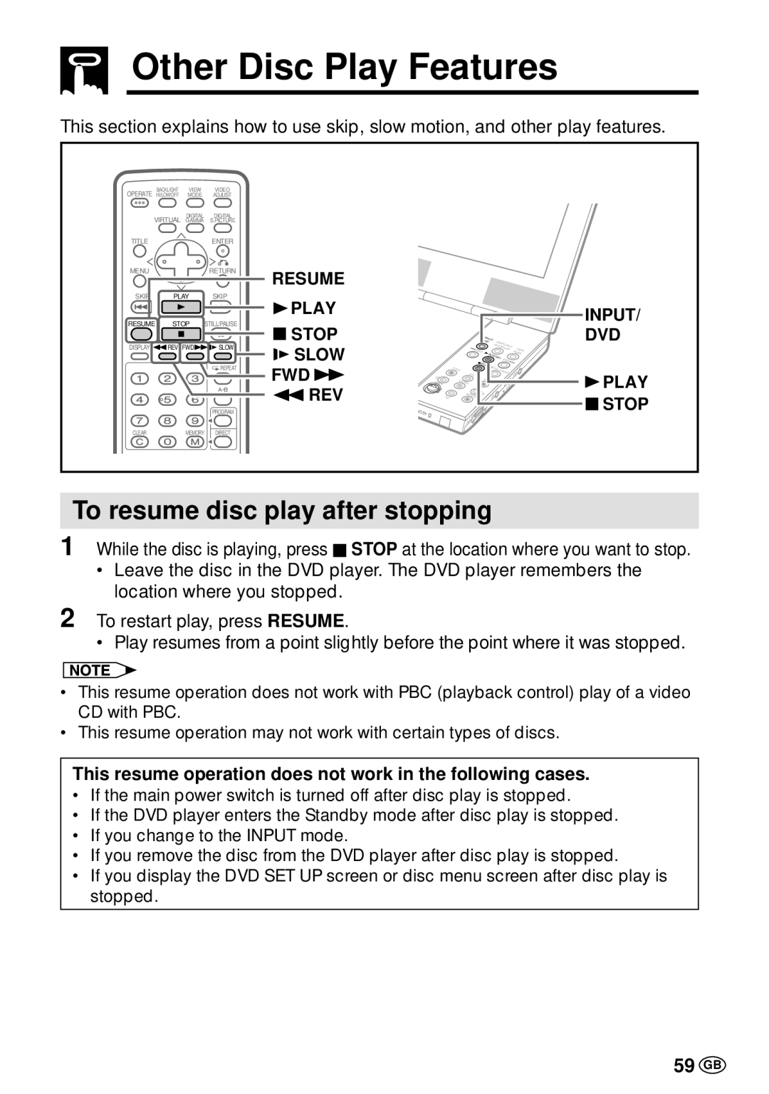 Sharp DV-L70BL, DV-L70S operation manual Other Disc Play Features, To resume disc play after stopping, 59 GB 