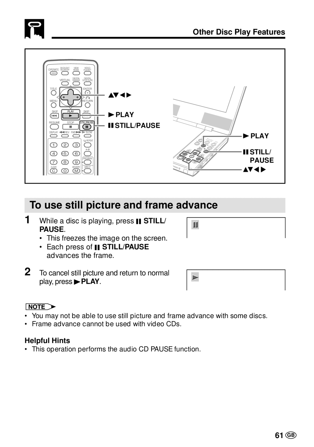 Sharp DV-L70BL, DV-L70S operation manual To use still picture and frame advance, 61 GB 