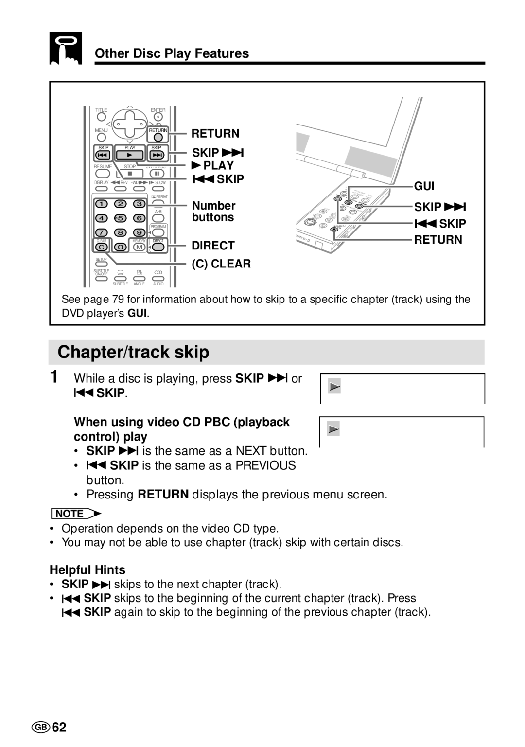 Sharp DV-L70S, DV-L70BL operation manual Chapter/track skip, Return, Skip, Direct Clear, Àskip 