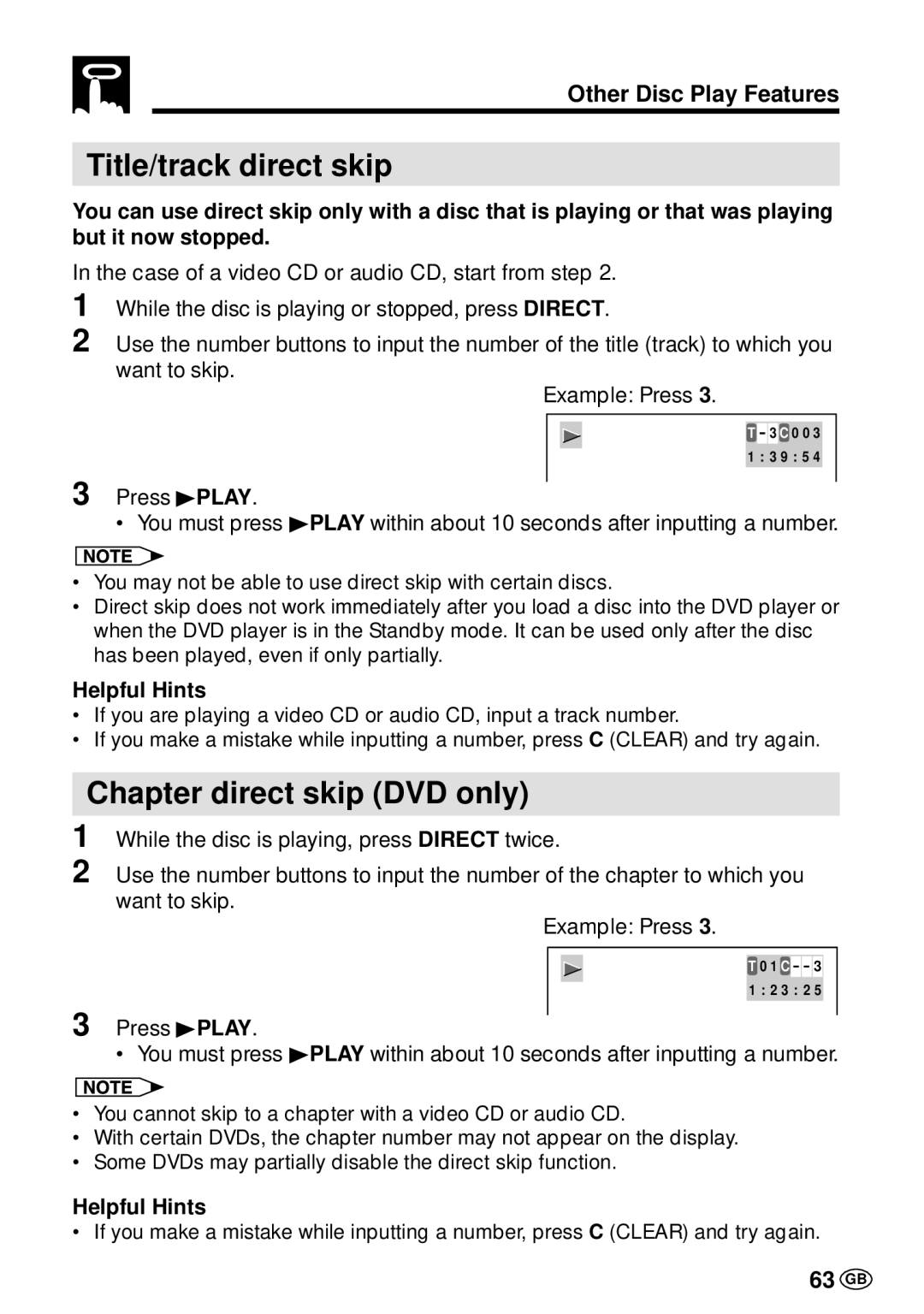 Sharp DV-L70BL, DV-L70S operation manual Title/track direct skip, Chapter direct skip DVD only, 63 GB 