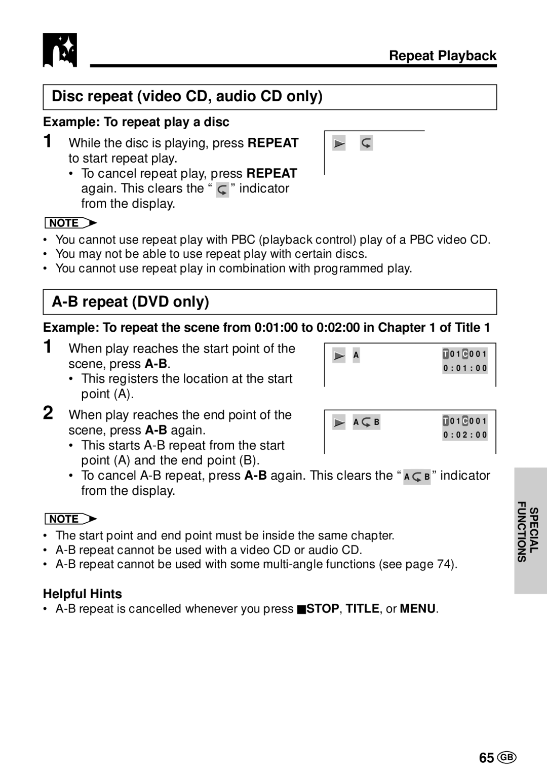 Sharp DV-L70BL, DV-L70S operation manual Disc repeat video CD, audio CD only, Repeat DVD only, Repeat Playback, 65 GB 