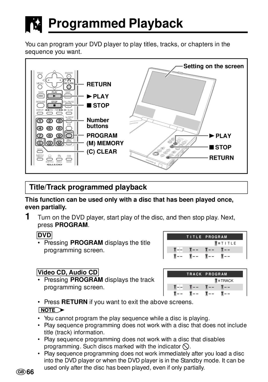 Sharp DV-L70S, DV-L70BL Programmed Playback, Title/Track programmed playback, Return Play Stop, Program Memory Clear, Dvd 