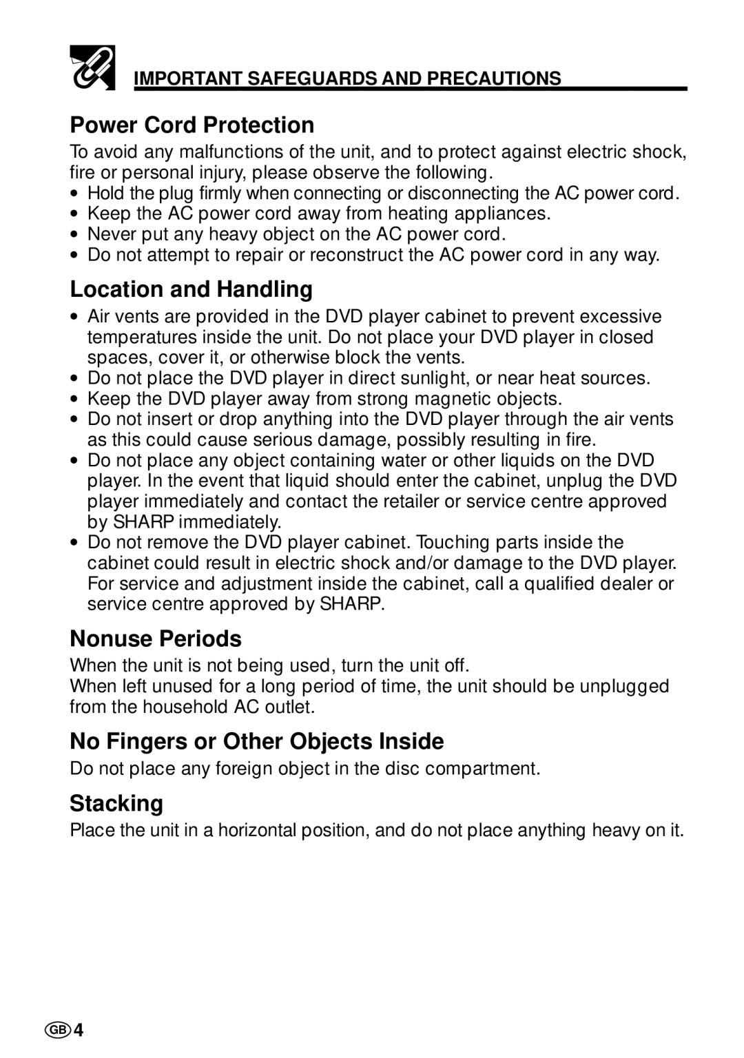 Sharp DV-L70S, DV-L70BL operation manual No Fingers or Other Objects Inside 