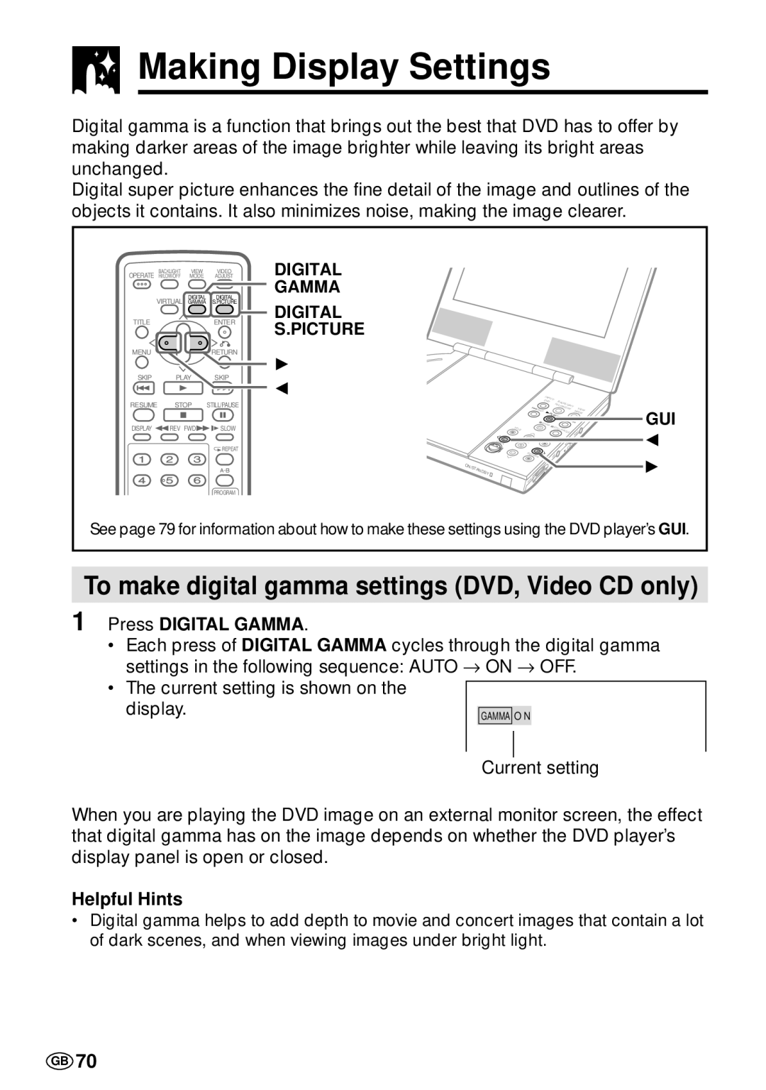 Sharp DV-L70S Making Display Settings, To make digital gamma settings DVD, Video CD only, Digital Gamma Digital S.PICTURE 