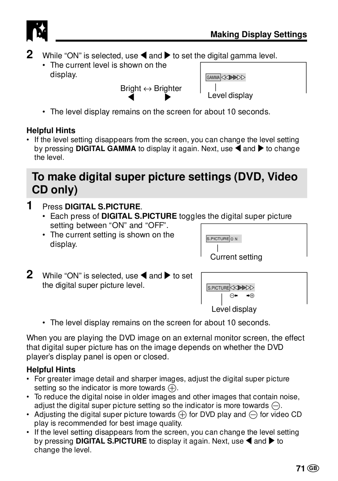 Sharp DV-L70BL, DV-L70S To make digital super picture settings DVD, Video CD only, Making Display Settings, 71 GB 