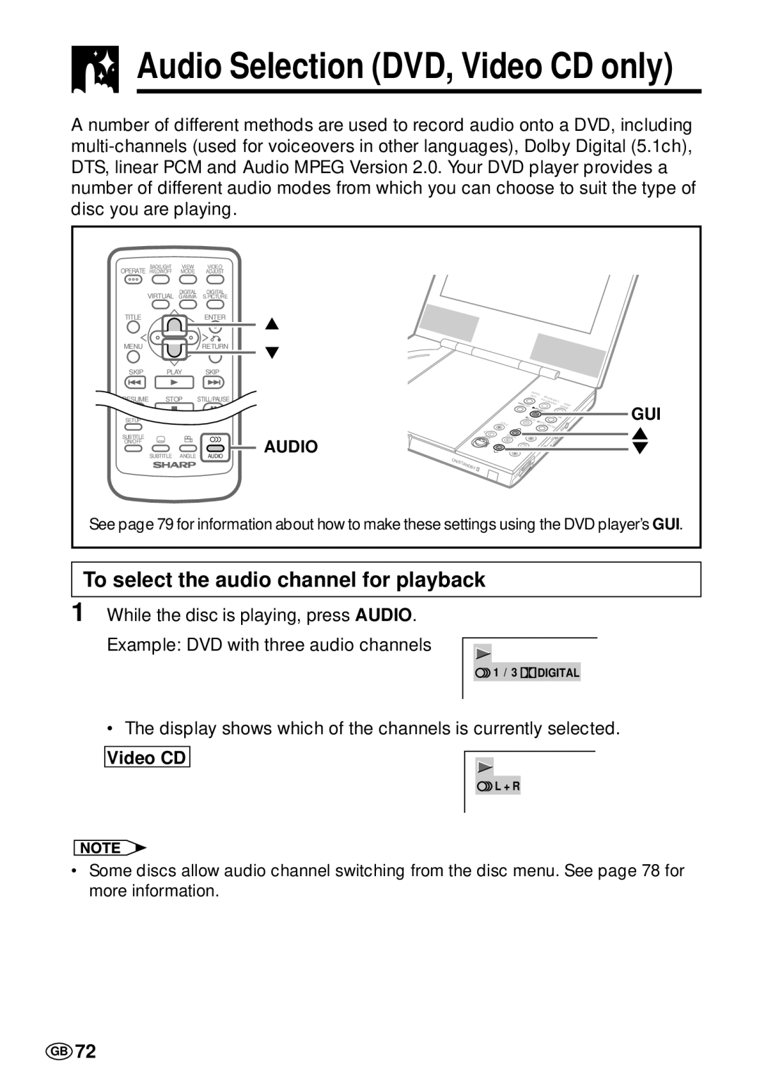 Sharp DV-L70S, DV-L70BL operation manual To select the audio channel for playback, Audio 