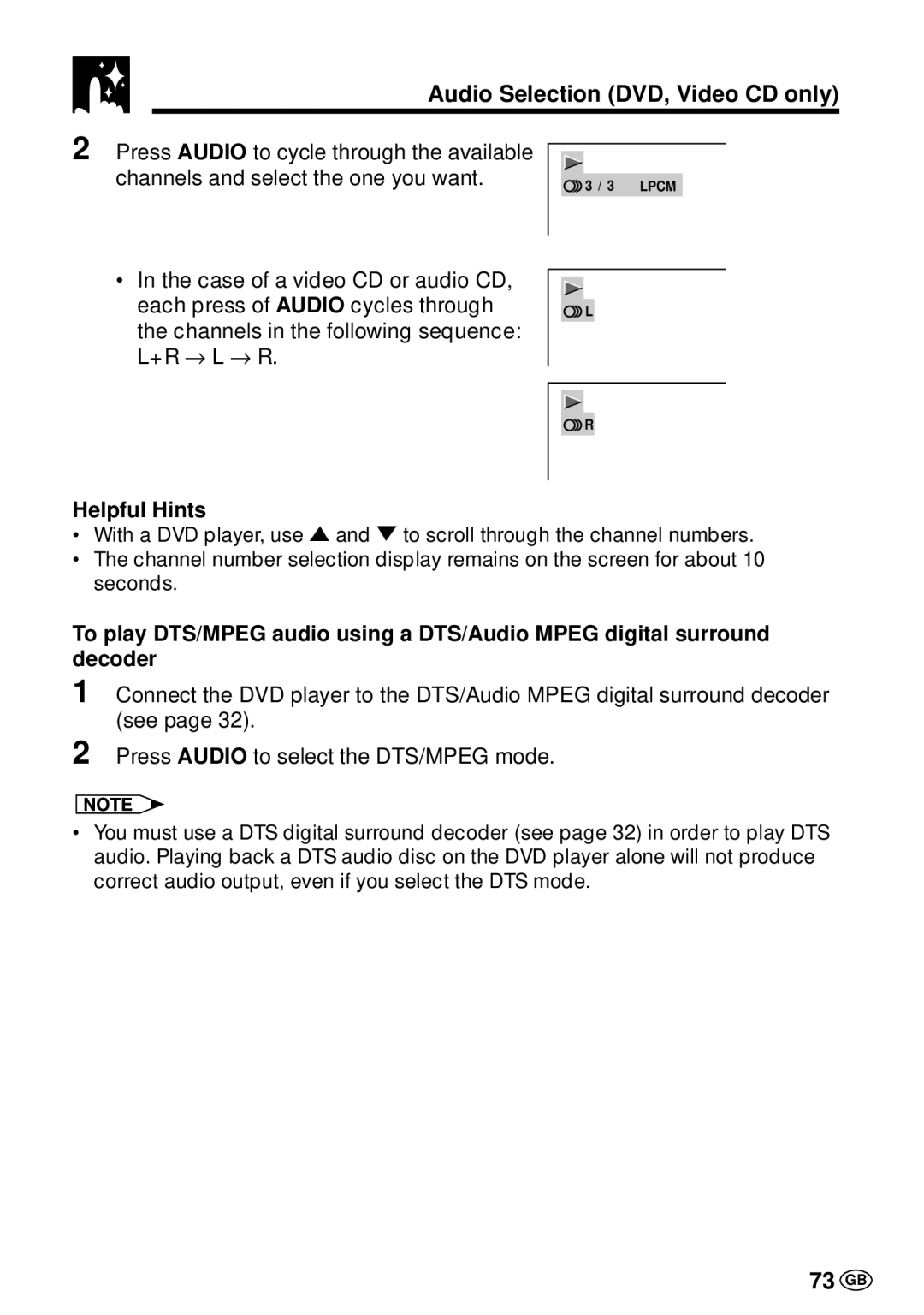 Sharp DV-L70BL, DV-L70S operation manual Audio Selection DVD, Video CD only, 73 GB 